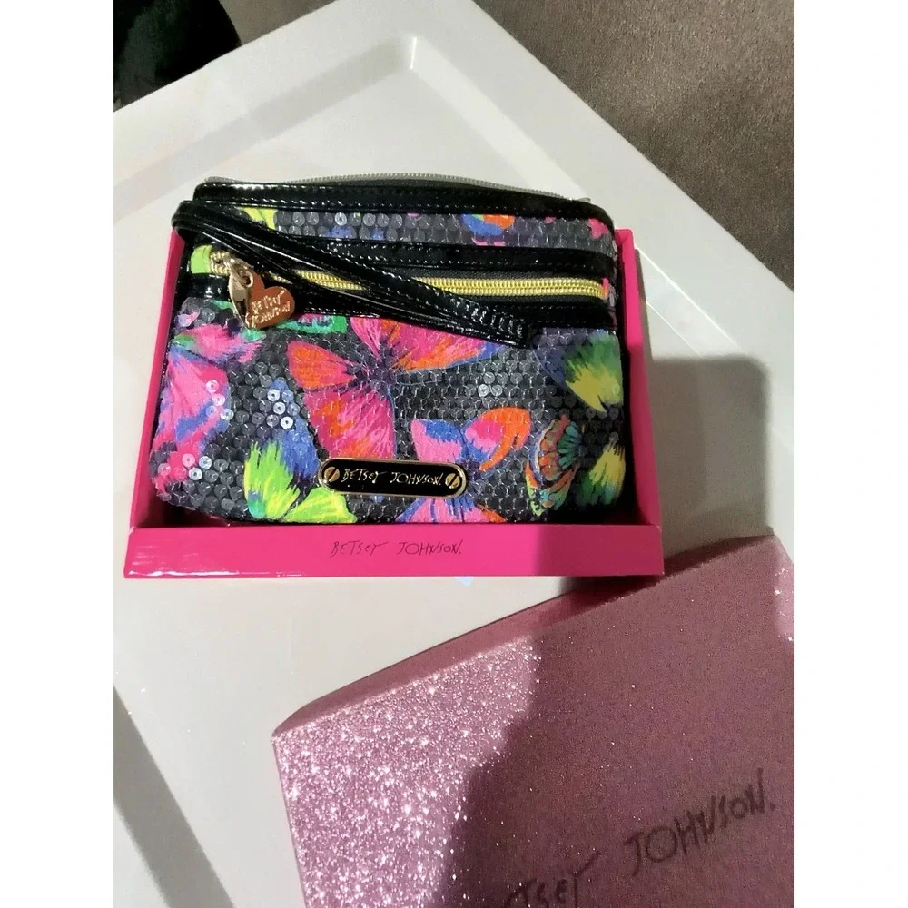Betsey Johnson Cosmetic Bag Butterfly Wristlet Sequined Still With Box